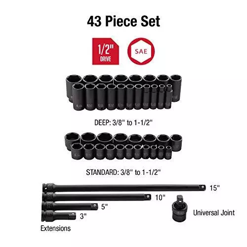 Trusa chei tubulare de impact 43 piese, 38mm, 78mm, 9-30mm, 1/2