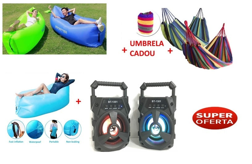 PROMOTIE IMBATABILA! Sezlong gonflabil xxl + Hamac Columbian + Boxa Bluetooth + CADOU umbrela, TOTUL la doar 119.90 lei!