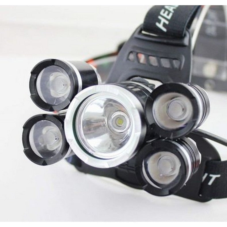 Lanterna frontala, 5 x LED, XM-L T6 + 4 XPE, 12000 Lumeni, Incarcator 220V + Incarcator Auto