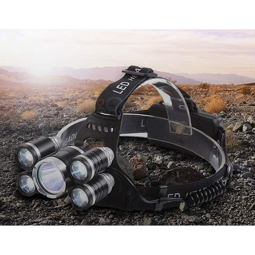 Lanterna frontala, 5 x LED, XM-L T6 + 4 XPE, 12000 Lumeni, Incarcator 220V + Incarcator Auto