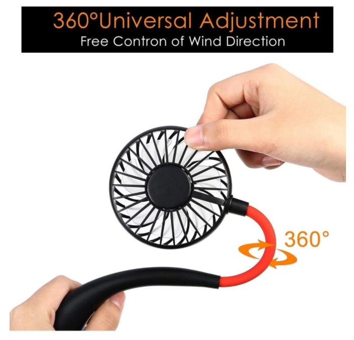 Ventilator Dual Mobil, Elegant, Confortabil, pentru Acasa, Calatorii sau Birou, Incarcare prin USB, cu Brate Flexibile, Suport pentru Gat si Lumina Led, 3 Viteze
