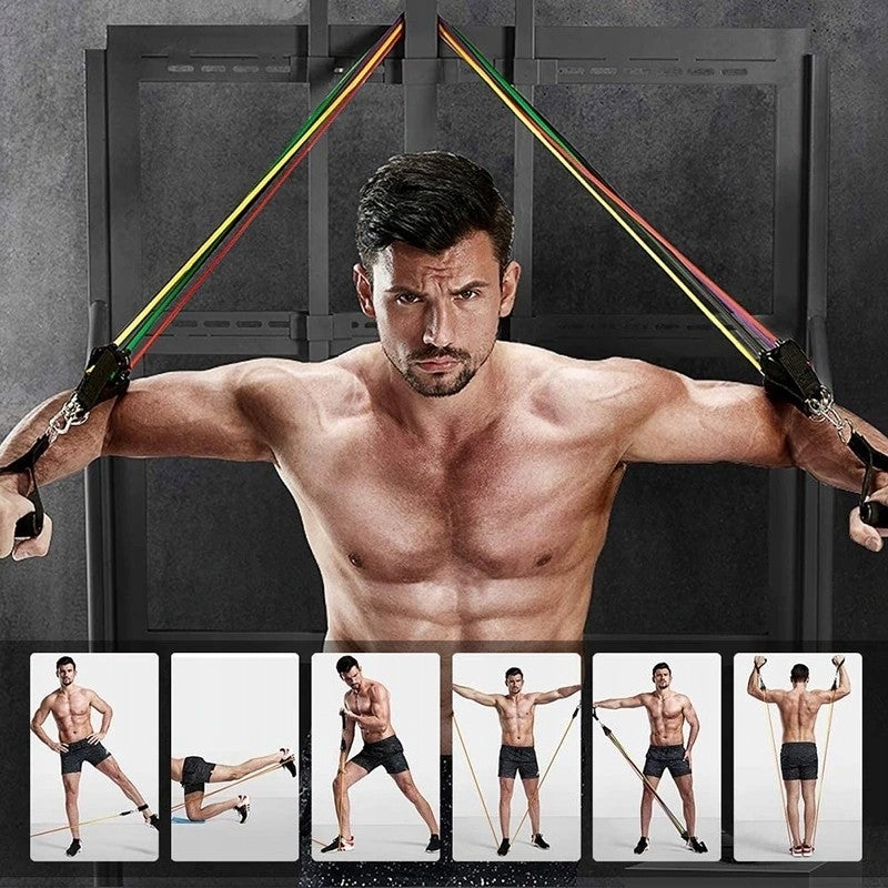 Set 5 corzi elastice din latex cu accesorii pentru muschi abdominali, piept, biceps, triceps, umeri, spate, picioare