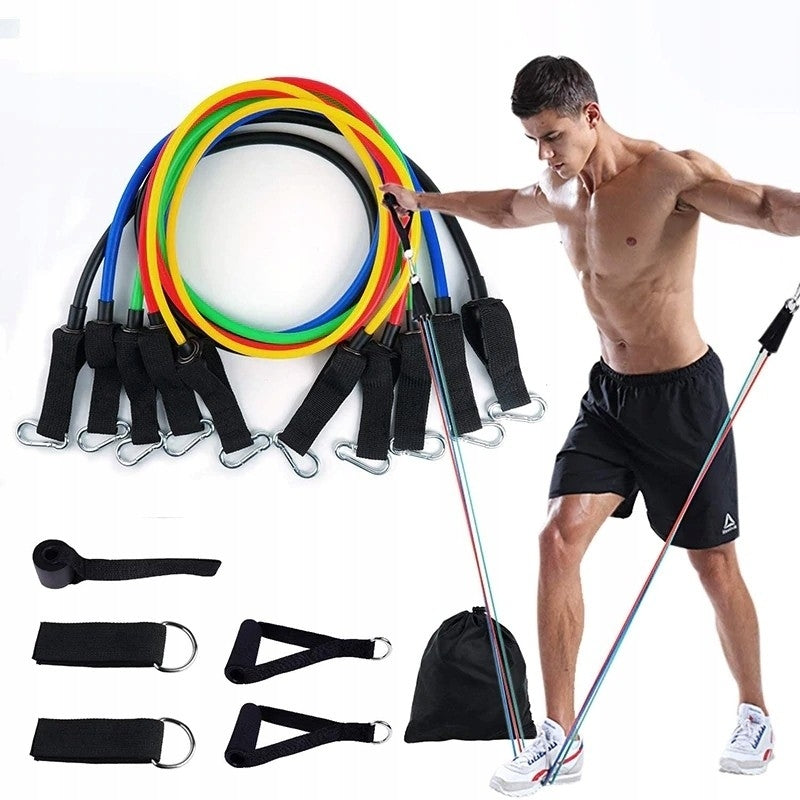 Set 5 corzi elastice din latex cu accesorii pentru muschi abdominali, piept, biceps, triceps, umeri, spate, picioare