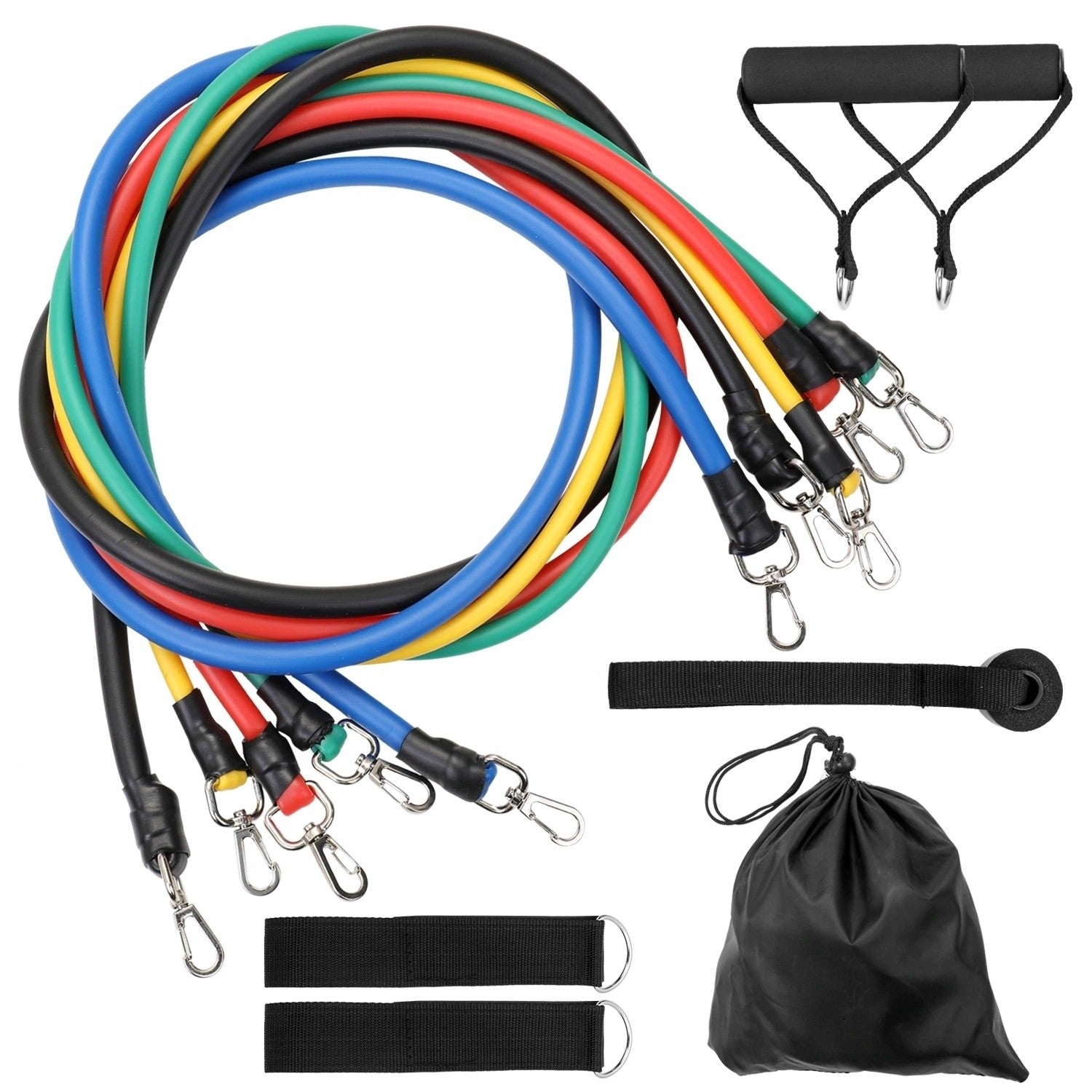 Set 5 corzi elastice din latex cu accesorii pentru muschi abdominali, piept, biceps, triceps, umeri, spate, picioare