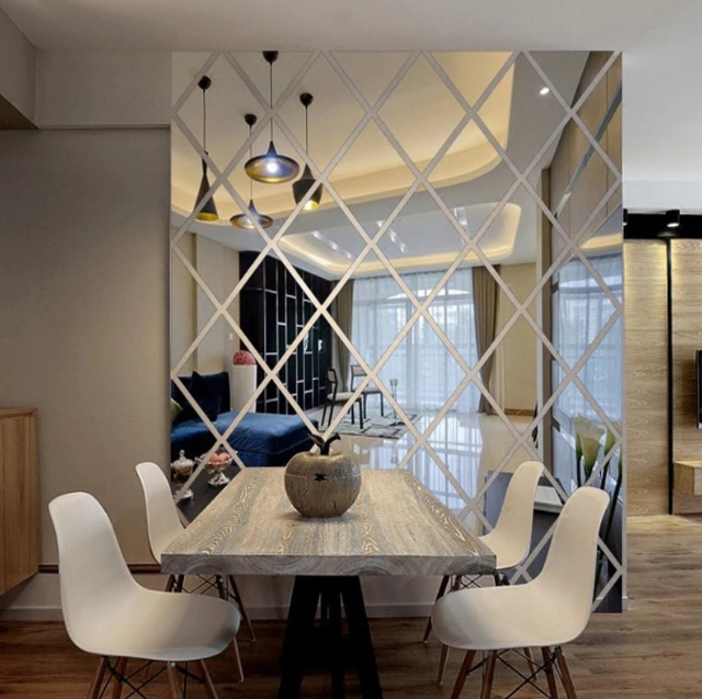 Set 58 Oglinzi Acrilice Diamant Romb Sticker Auto-adeziv Decorativ pentru Baie Living si Bucatarie 100 x 100 cm