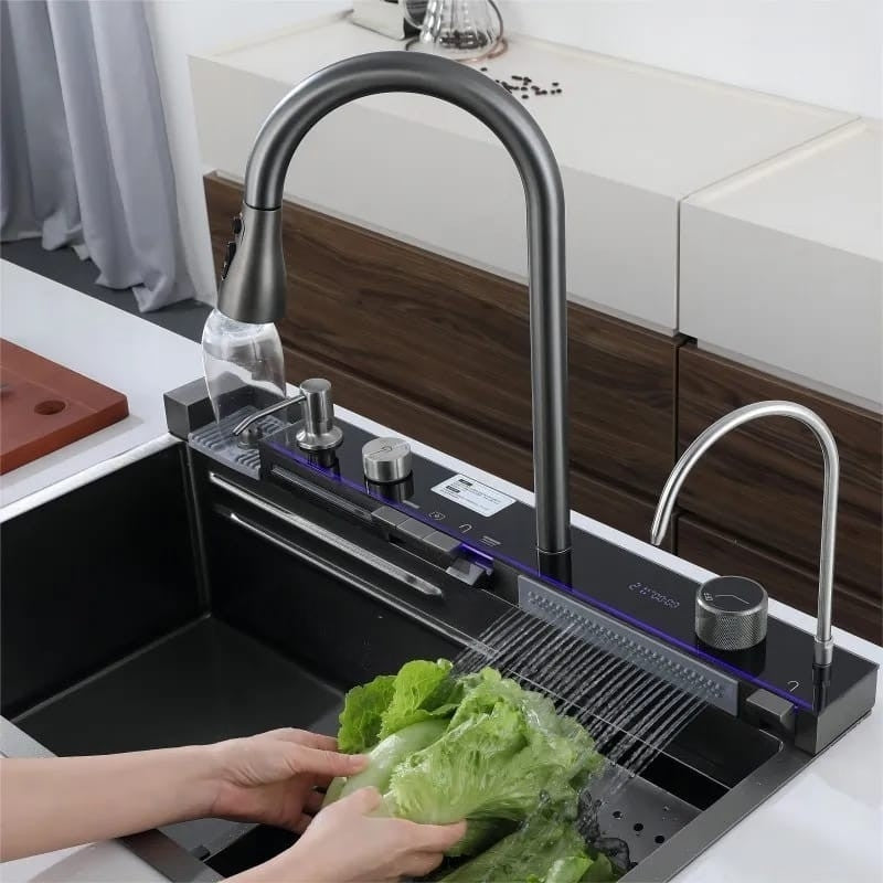Chiuveta Bucatarie Premium Multifunctinala, Inteligenta, Display Digital, Cascada, Tocator, Spalator Pahare, Dozator Detergent, Alimentare hidroelectrica