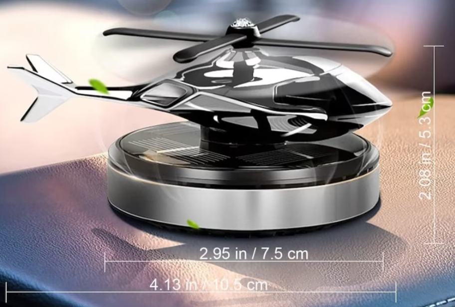 Odorizant auto cu incarcare solara, baza antiderapanta, Ulei parfumat si pipeta incluse, model elicopter