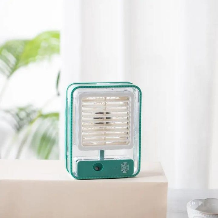 Mini aer conditionat cu ventilatie, 3 viteze de racire, baterie reincarcabila, cu recipient pentru adaugarea apei, functie de umidificare