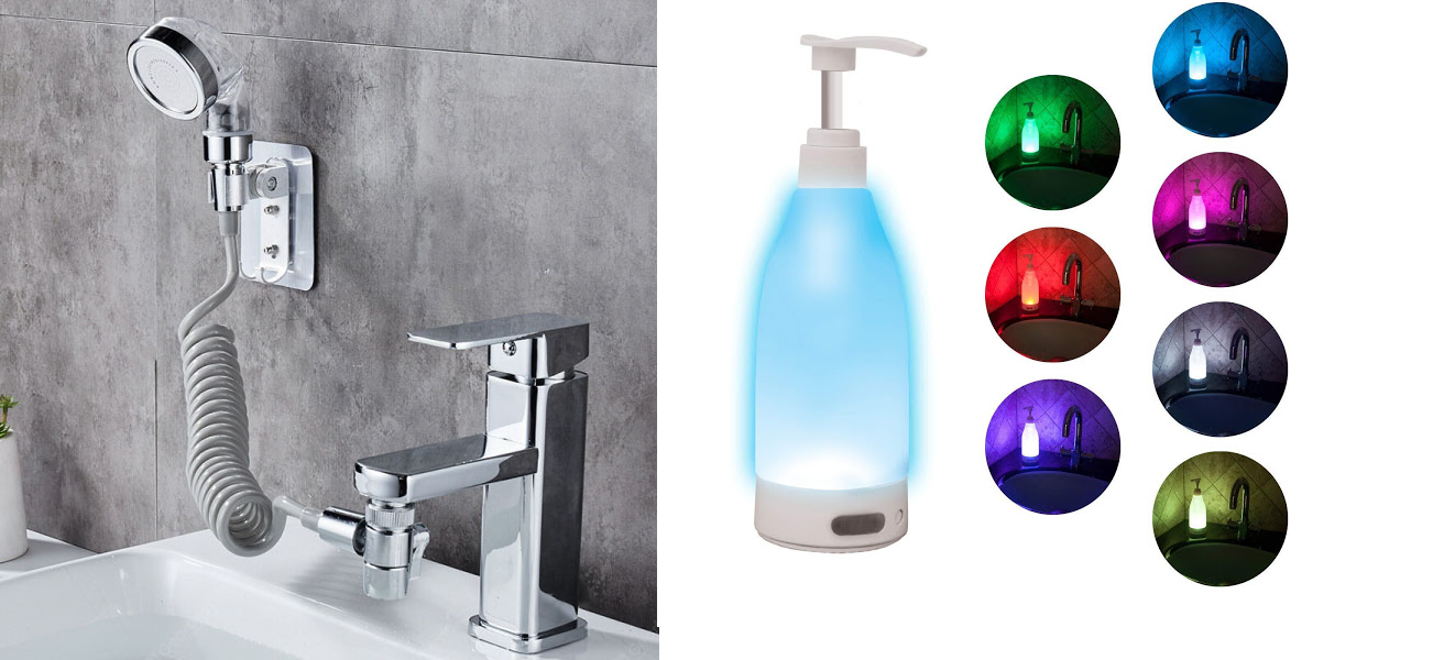 Pachet Promotional Dozator de sapun cu lumina LED, 400 ml, senzor de miscare + EXTENSIE DUȘ PENTRU ROBINET