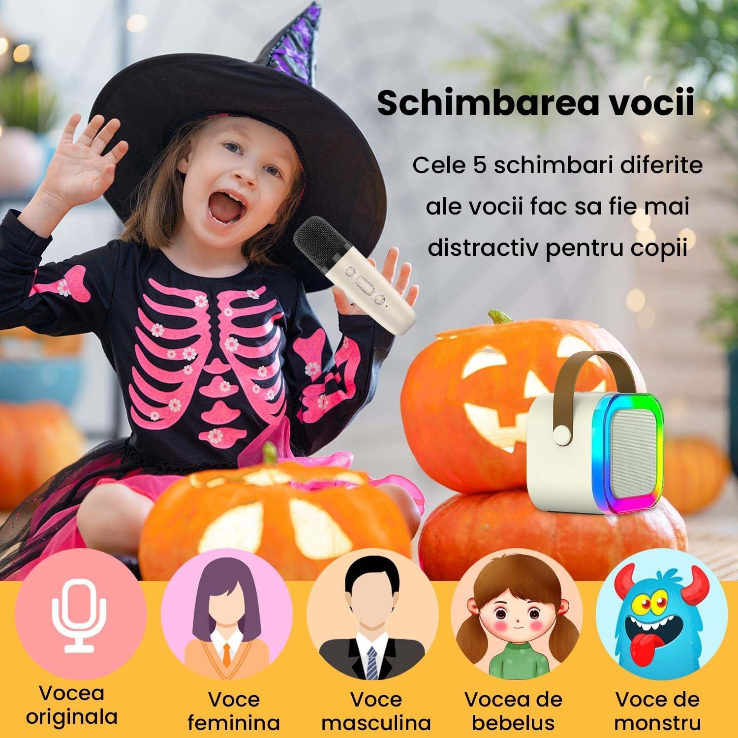 Set karaoke copii si adulti cu difuzor si microfon, wireless, portabil pentru petrecere, raza de actiune pana la 10 m, efecte de voce, player MP3, microSD card, bluetooth