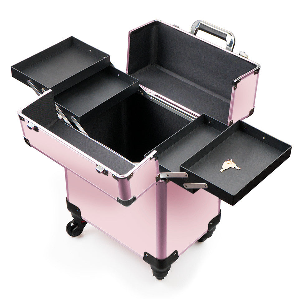 Geanta Produse Cosmetice tip troler din aluminium Baby Pink