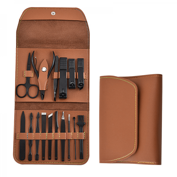 Trusa de unghii 16 piese, manichiura, indepartare puncte negre, penseta si instrument curatare auriculara cu pouch de piele ecologica, maro