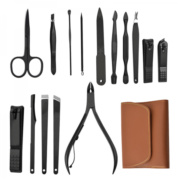 Trusa de unghii 16 piese, manichiura, indepartare puncte negre, penseta si instrument curatare auriculara cu pouch de piele ecologica, maro