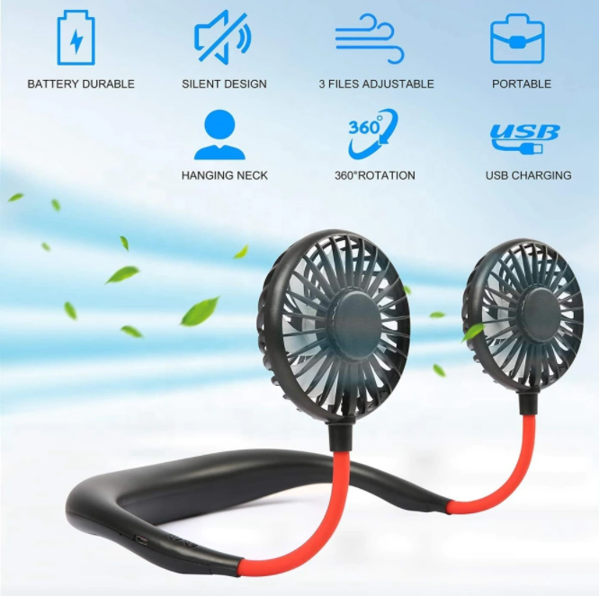 Ventilator Dual Mobil, Elegant, Confortabil, pentru Acasa, Calatorii sau Birou, Incarcare prin USB, cu Brate Flexibile, Suport pentru Gat si Lumina Led, 3 Viteze