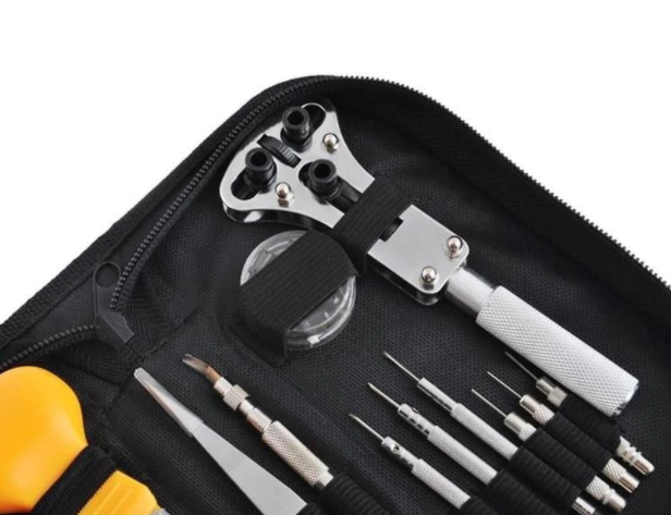 Trusa pentru reparat ceasuri, 13 piese, surubelnite, penseta, cheie, husa