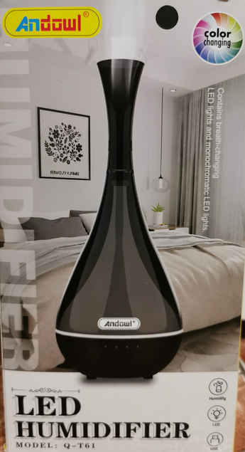 Difuzor aromaterapie si umidificator, 120 ml, joc de lumini, alimentare USB, lemn inchis, Andowl + SET 4 ULEIURI ESENTIALE PENTRU AROMATERAPIE, 4 X 10 ML