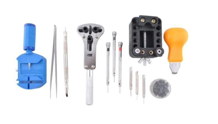 Trusa pentru reparat ceasuri, 13 piese, surubelnite, penseta, cheie, husa
