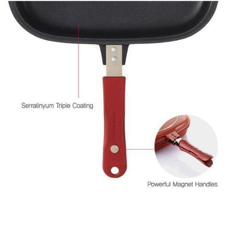 Tigaie Grill dubla din Aluminiu cu interior ceramic , cu manerele prevazute cu magneti pentru inchidere.