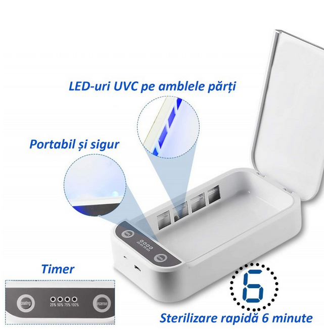 Pachet promotional Termometrul digital non-contact + Pulsoximetrul digital cu display + Sterilizator UVC 2 in 1, pentru telefon si obiecte mici , functie de incarcare USB