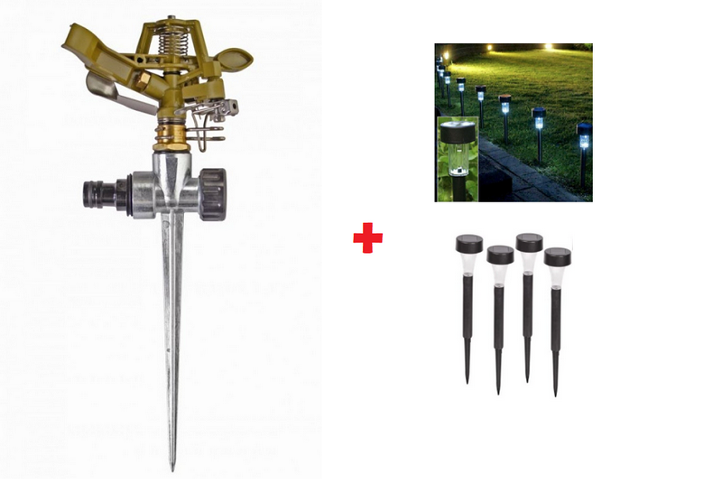 Pachet Gradina !!!! Aspersor metalic, rotativ + Set 4 lampi solare de gradina