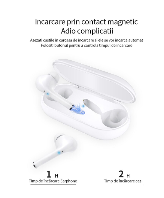 Casti wireless M6S, Bluetooth 5.0, In-Ear, rezistenta la apa si praf