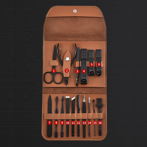 Trusa de unghii 16 piese, manichiura, indepartare puncte negre, penseta si instrument curatare auriculara cu pouch de piele ecologica, maro