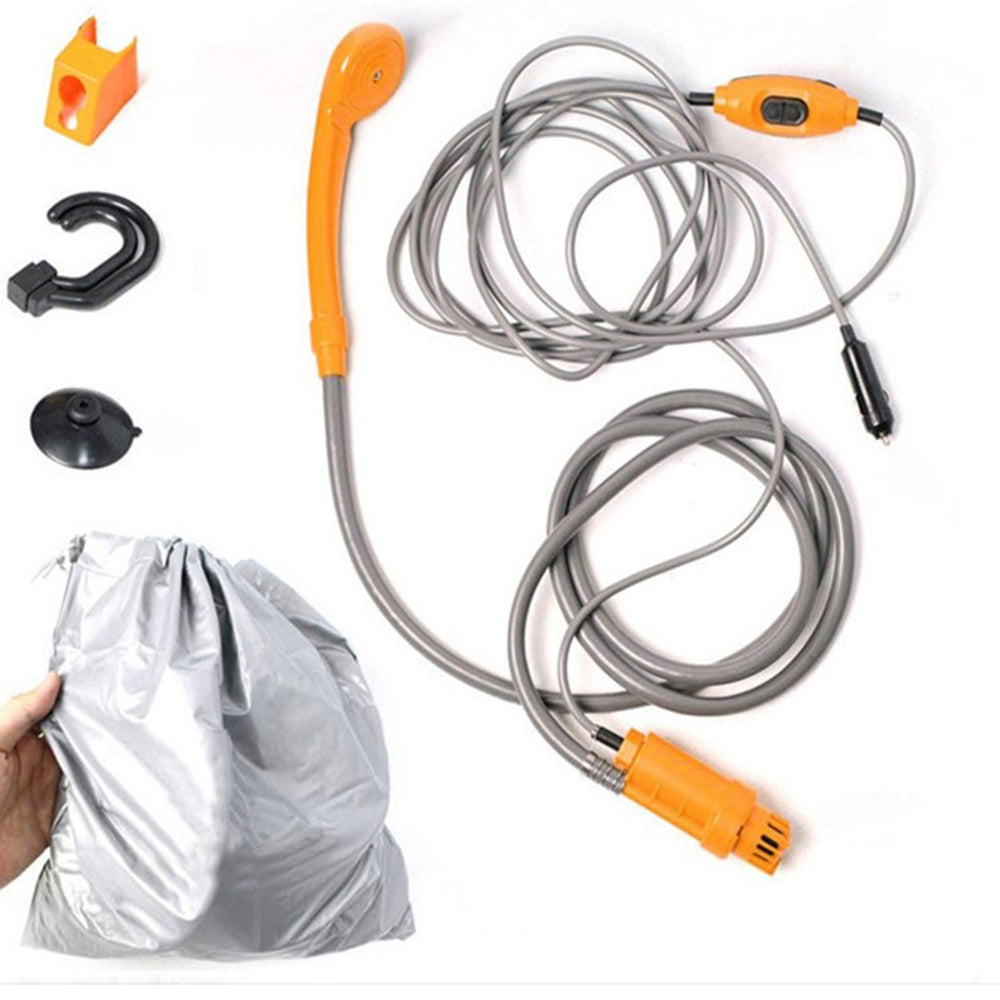 Set pompa de dus portabil, cu presiune 2.5Lmin si furtun 2m, cablu alimentare 5 metri, DC 12V, pentru camping sau drumetii