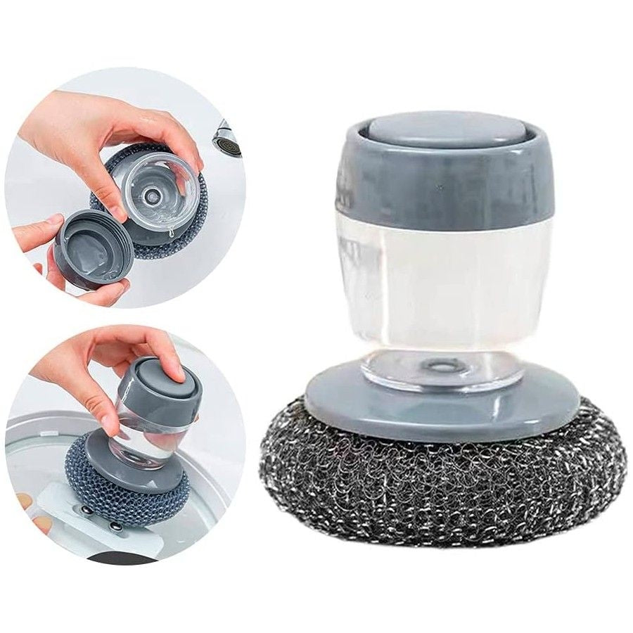 Dispozitiv cu burete din otel inoxidabil si dispenser pentru detergent vase
