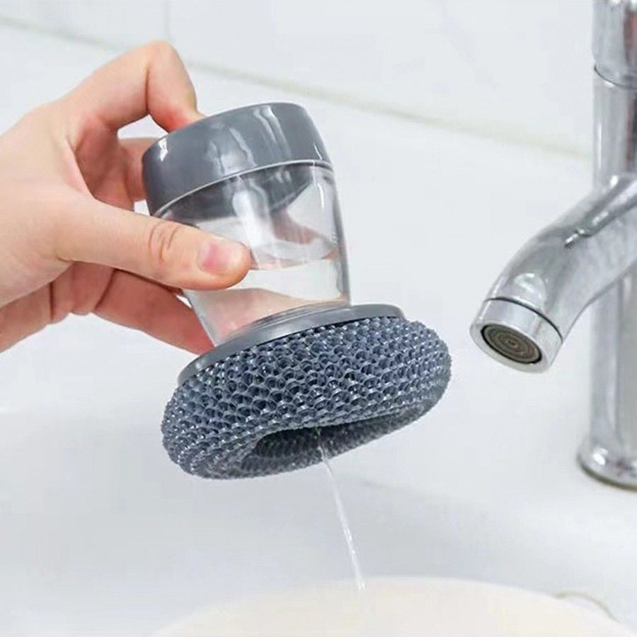Dispozitiv cu burete din otel inoxidabil si dispenser pentru detergent vase