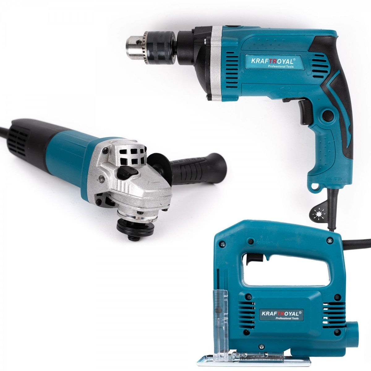 Trusa 3 scule Kraftroyal la 220V: Polizor unghiular, Fierastrau pendular, Bormasina si accesorii