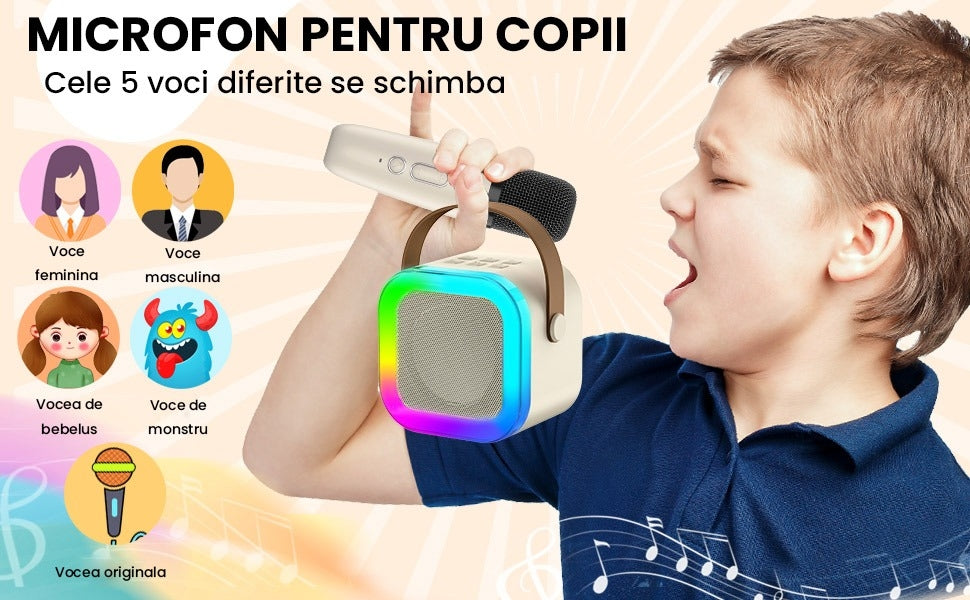Set karaoke copii si adulti cu difuzor si microfon, wireless, portabil pentru petrecere, raza de actiune pana la 10 m, efecte de voce, player MP3, microSD card, bluetooth