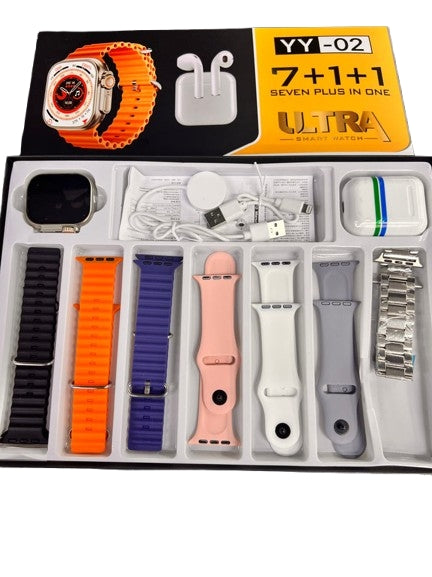 Set Cadou Smartwatch YY02, 7 Brățări, Încărcător Wireless și Căști Bluetooth