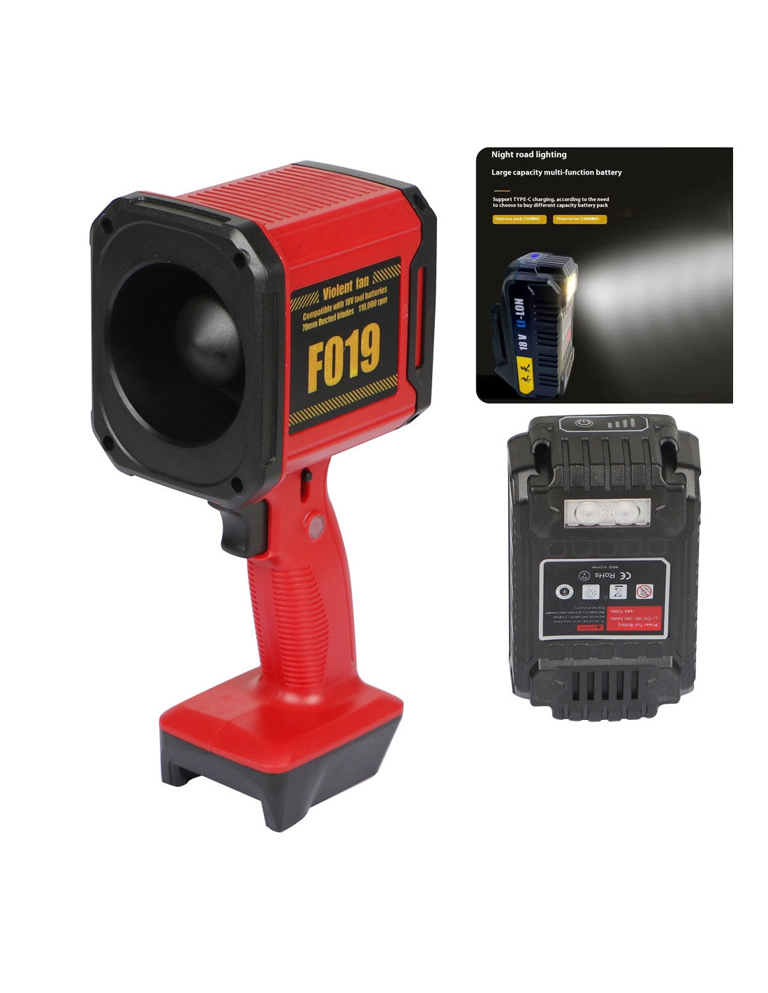 Suflanta Turbo, de mare putere, 110.000 RPM, acumulator 18V, Type-C fast charging, functie power bank, lanterna