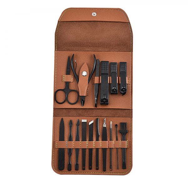 Trusa de unghii 16 piese, manichiura, indepartare puncte negre, penseta si instrument curatare auriculara cu pouch de piele ecologica, maro