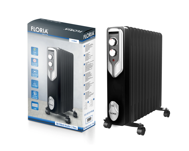 Calorifer electric Floria ZLN-3659, 2000 W, 9 elementi, 3 trepte de putere, Termostat reglabil, Protectie supra-incalzire, Indicator luminos