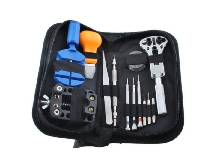 Trusa pentru reparat ceasuri, 13 piese, surubelnite, penseta, cheie, husa