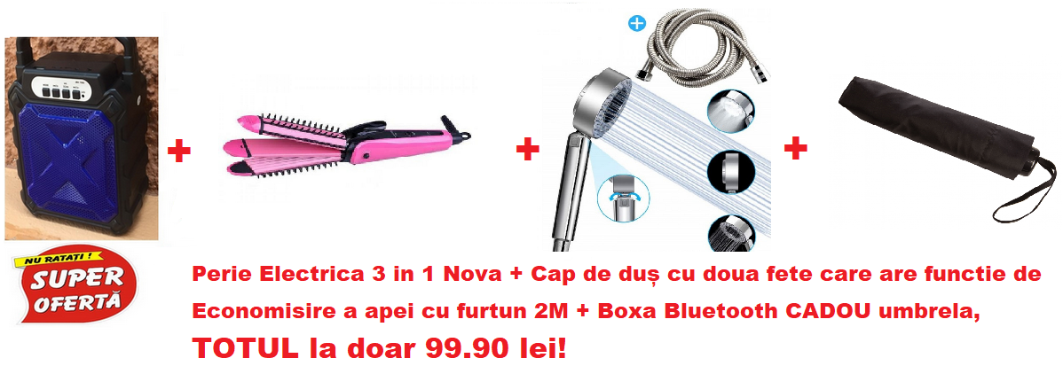 SUPER PROMOTIE! Perie Electrica 3 in 1 Nova + Cap de duș cu doua fete care are functie de Economisire a apei cu furtun 2M + Boxa Bluetooth CADOU umbrela, TOTUL la doar 109.90 lei!