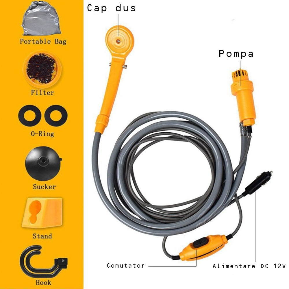 Set pompa de dus portabil, cu presiune 2.5Lmin si furtun 2m, cablu alimentare 5 metri, DC 12V, pentru camping sau drumetii