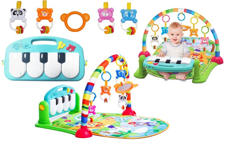 Saltea de joaca bebe Centru de activitati multifunctional 4 in 1, cu pian, jucarii zornaitoare, oglinda, lumini si sunete ISP Piano Fitness Rack