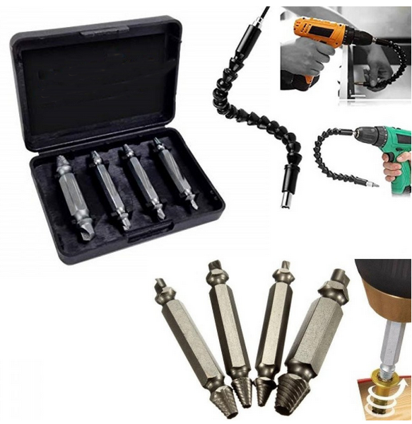 Set 4 capete extractoare pentru suruburi + Prelungitor flexibil pentru bormasina sau surubelnita electrica cu cap magnetic
