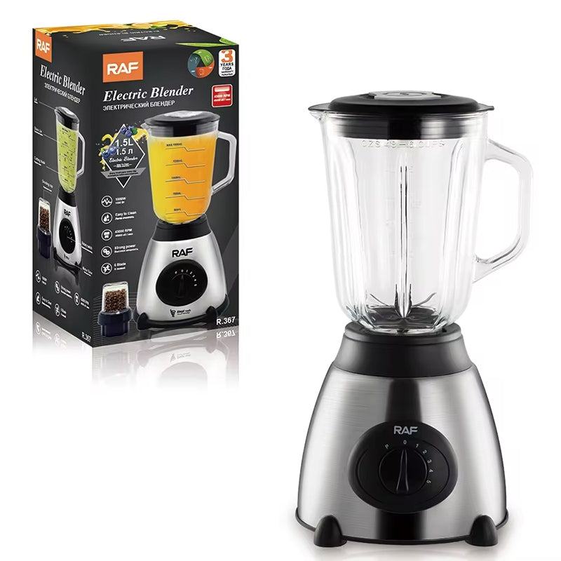 Blender Electric 2 in 1 RAF-300 / RAF-367 cu Vas din Otel Inoxidabil / Sticla si Rasnita pentru Masala, Capacitate 1.5L, 1000W