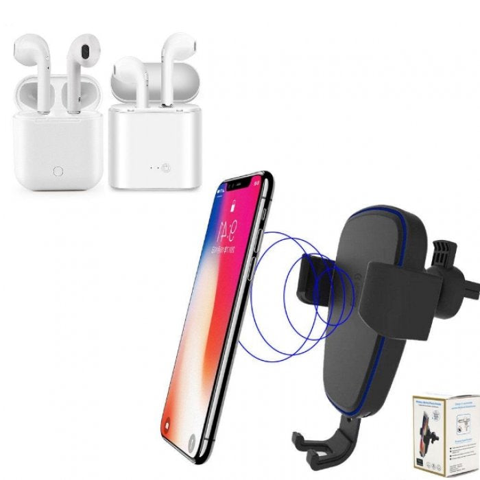 Casti i7 TWS, Dock  Wireless, Bluetooth, incarcator incorporat + Incarcator Auto Wireless Fast Charging cu sistem de prindere