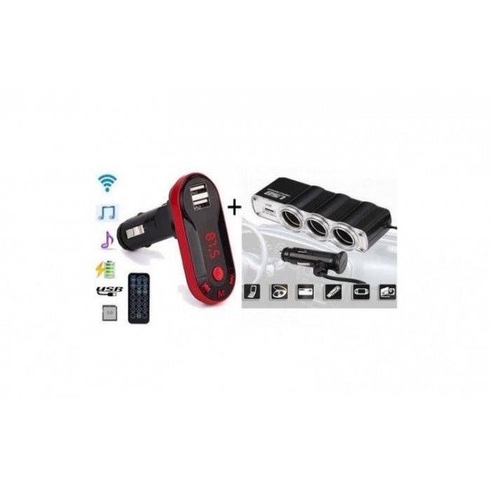 Pachet auto - Modulator FM mp3 player Bluetooth, cu incarcator pentru diverse dispozitive incorporat + priza bricheta tripla si USB incorporat