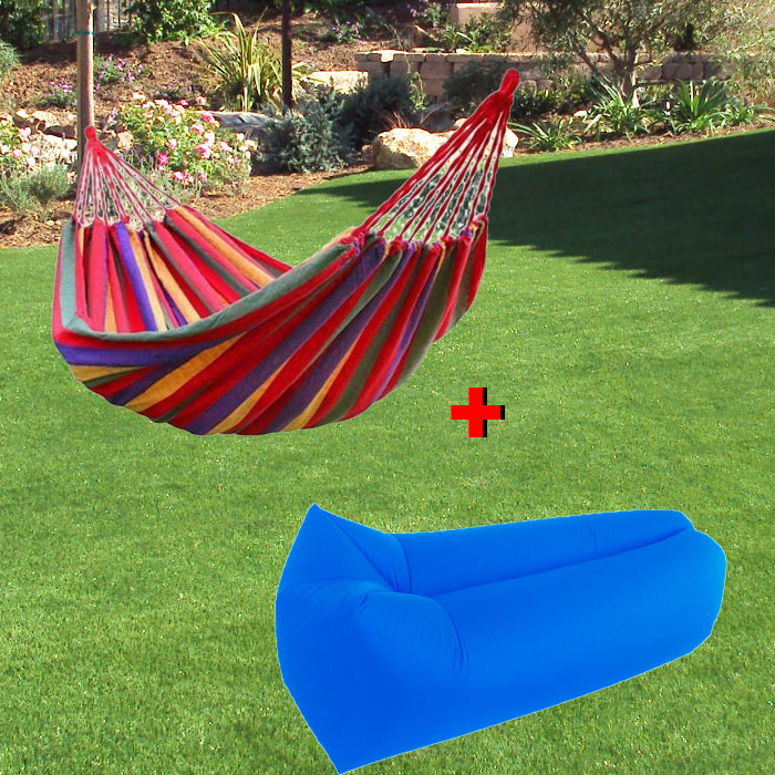 Nou! Pachet promotional Hamac multicolor + Sezlong Portabil Lazy Bed