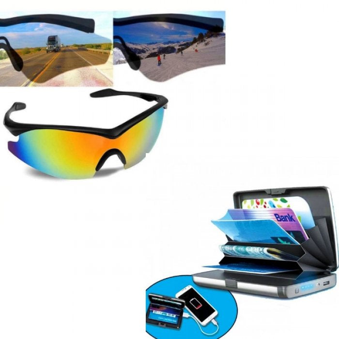 Portofel securizat pentru carduri cu incarcator baterie externa 2 in 1 + Ochelari de soare tac polarizati pentru sport culori intense