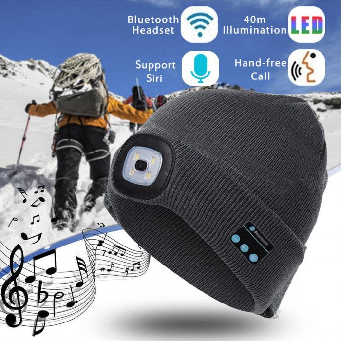 Caciula unisex gri/negru cu casti Handsfree bluetooth si microfon + lanterna cu USB