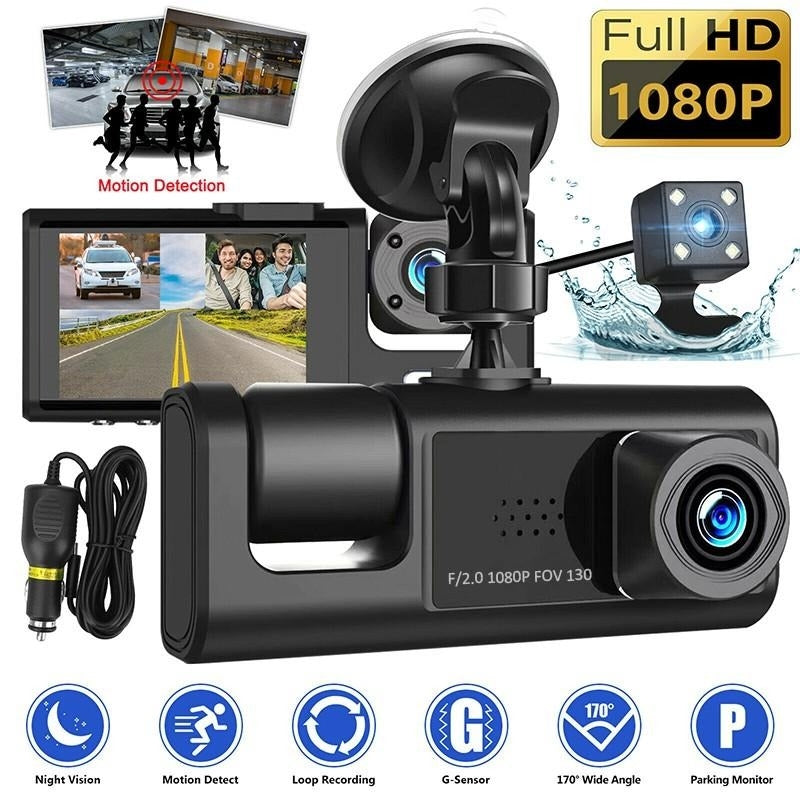 Camera DVR auto, Full HD 1080P, 3 lentile, Camp vizual ultra larg de 170°, Afisaj IPS 4", Viziune nocturna, Inregistrare duala, Inregistrare in bucla, Senzor G, Detectare miscare