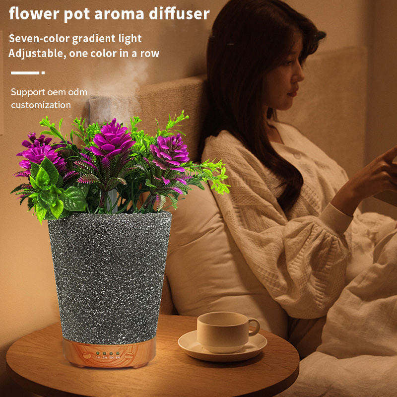 Umidificator aromaterapie in forma de ghiveci cu flori, 7 culori programabil, oprire automata