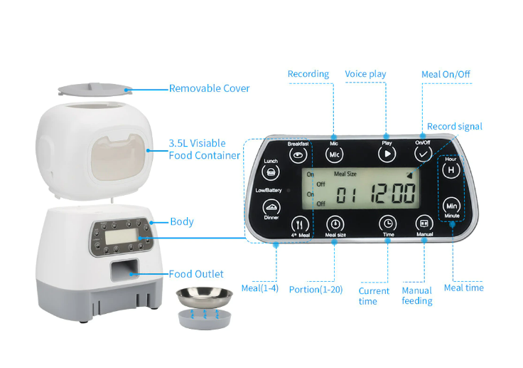 Dispenser automat hrana animalute, Inregistrare vocala, 3.5 L, Alb