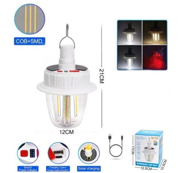 Lanternă LED, solara, reîncărcabilă cu cârlig și 4 funcții de iluminare pentru camping